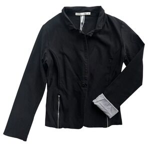 HAE Womens L Black Silver Zip Pockets Fitted One Button Blazer Moto Style Jacket